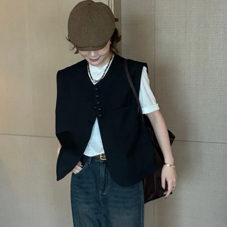 欧货无袖西装马甲上衣女2024春秋chic韩版宽松单排扣休闲短款外套
