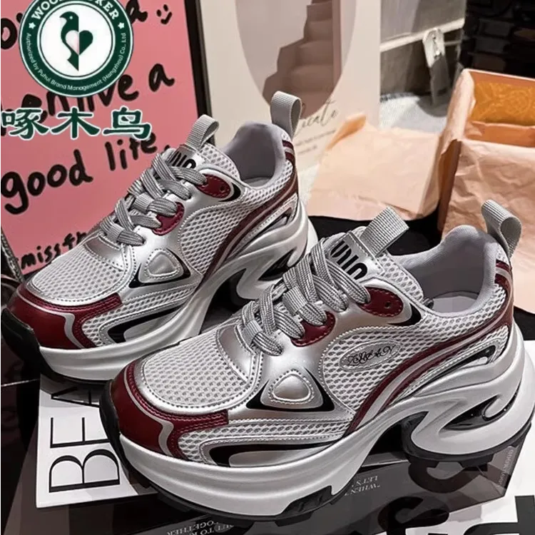 啄木鸟欧洲站季双网面厚底老爹鞋女2025新款增高休闲运动鞋