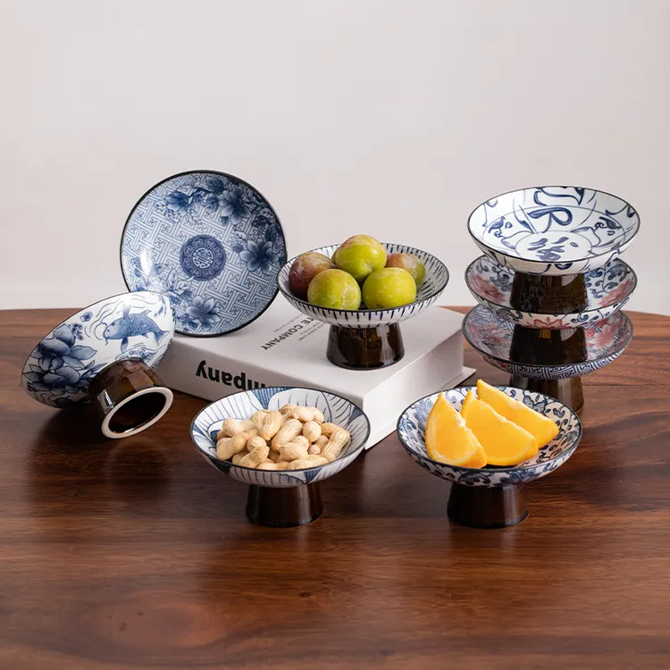 中式复古创意青花瓷陶瓷高脚果盘茶室茶点坚果家用客厅装饰水果盘