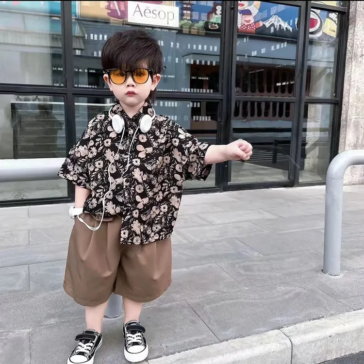 爆款男童花衬衣夏季薄款儿童短袖衬衫中小童宝宝帅气套装韩版印花