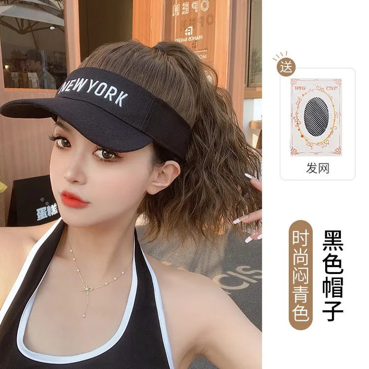 假发女长发字母鸭舌帽子马尾一体时尚遮阳全头套长卷发棒球帽黑色