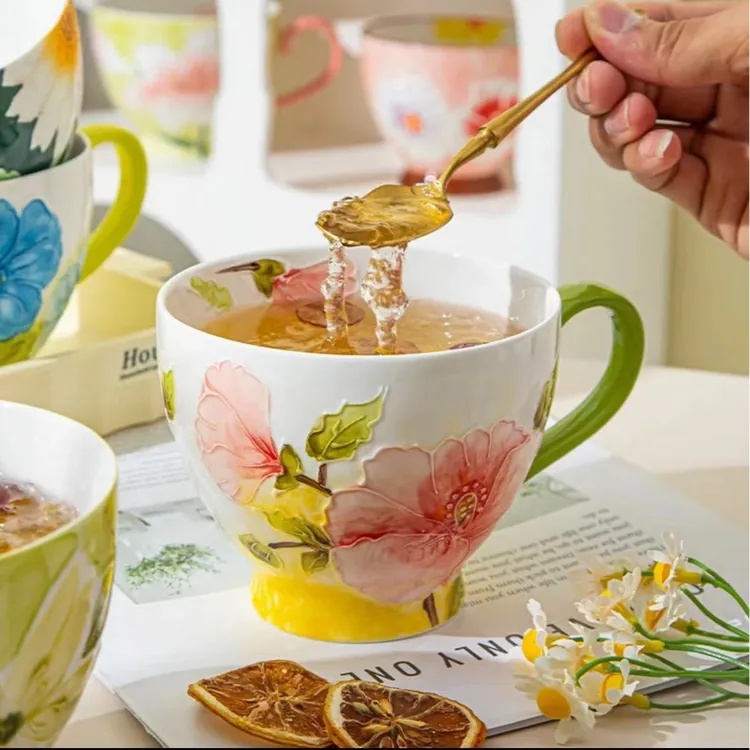 春暖花开手绘创意陶瓷马克杯高颜值咖啡杯家用早餐杯大容量杯子