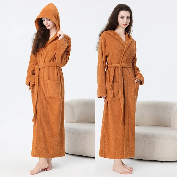秋冬纯棉加厚毛巾料浴袍加长款连帽男女士吸水浴衣酒店睡袍大码