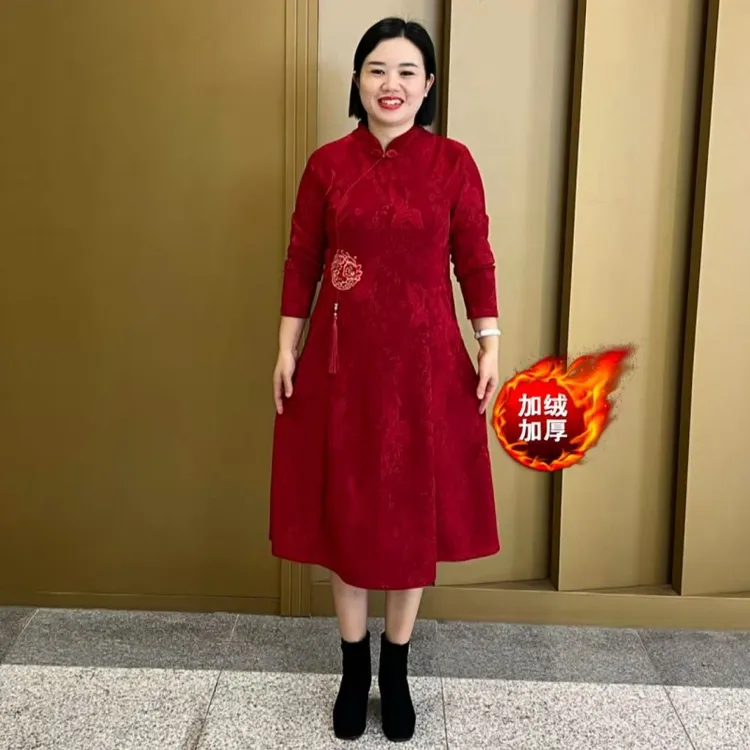 冬季新款加绒加厚改良旗袍裙遮肉显瘦气质国风连衣裙