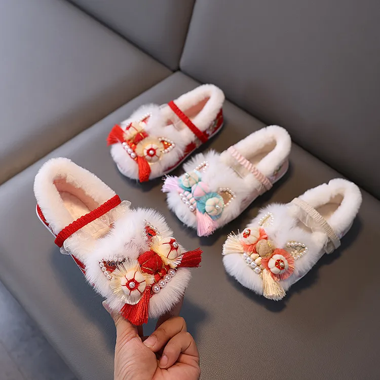 新款冬季女童汉服鞋加绒棉鞋中国风古装儿童手工虎头鞋宝宝拜年鞋
