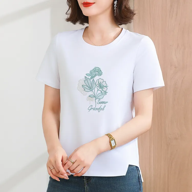 女士短袖t恤女圆领减龄精致时尚刺绣休闲棉质中长款上衣