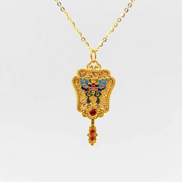 18K金吊坠扇子挂坠au750烧蓝国潮风坠子复古国风古法设计师赠银链