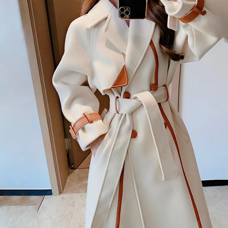 毛呢外套女秋冬季气质中长款大翻领设计感拼色加厚呢子大衣10118#