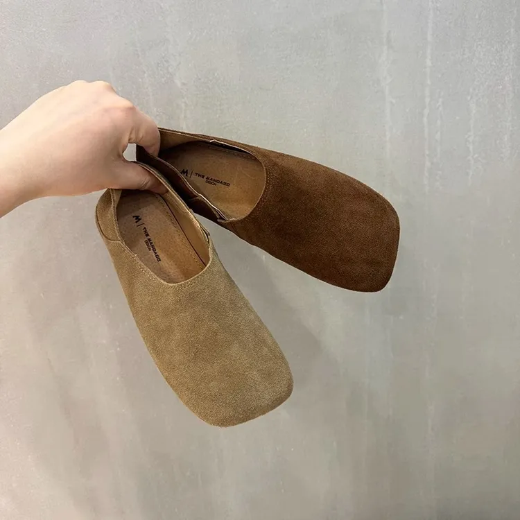 方头复古勃肯鞋女春秋2024新款软平底一脚蹬懒人豆豆鞋磨砂乐福鞋