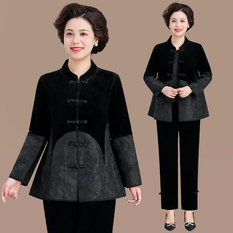 妈妈金丝绒套装新款国风外套中老年春秋上衣妈妈秋装外套