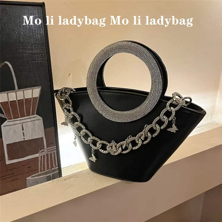 法式复古圆环手提bling镶钻仙女包超闪水钻扇贝包单肩斜挎手提包