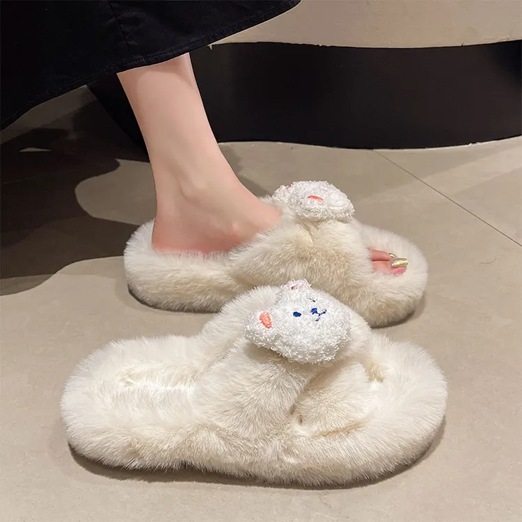 网红毛毛拖鞋女外穿2024秋冬新款可爱厚底毛绒棉拖鞋办公室一字拖