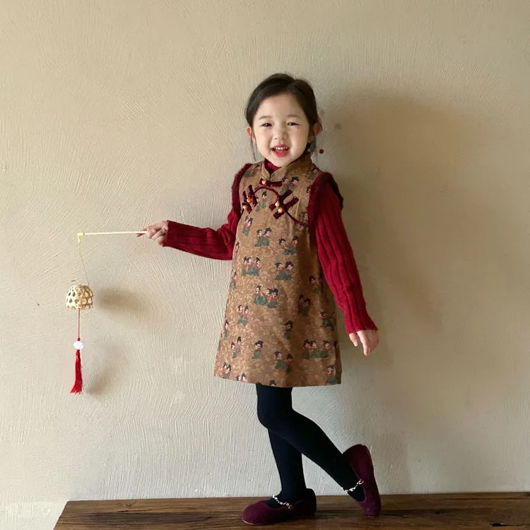 现货2024冬季女童套装旗袍裙仕女图夹棉裙内搭毛衣新中式拜年服