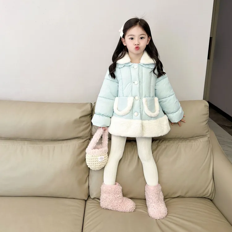 《小思家》2024冬季新款韩版女童时尚baby蓝棉服毛领中长款保暖外套