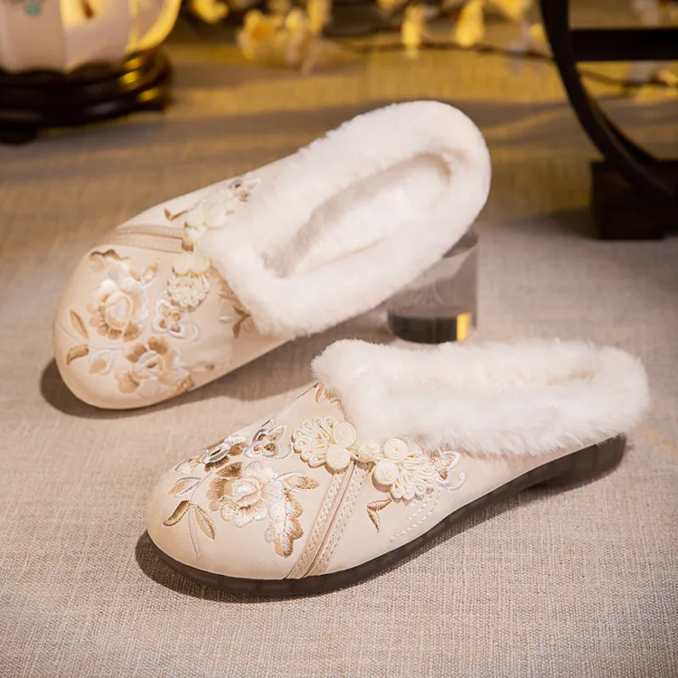2024新款老北京绣花布拖鞋加绒居家外穿棉拖古风绣花拖鞋保暖