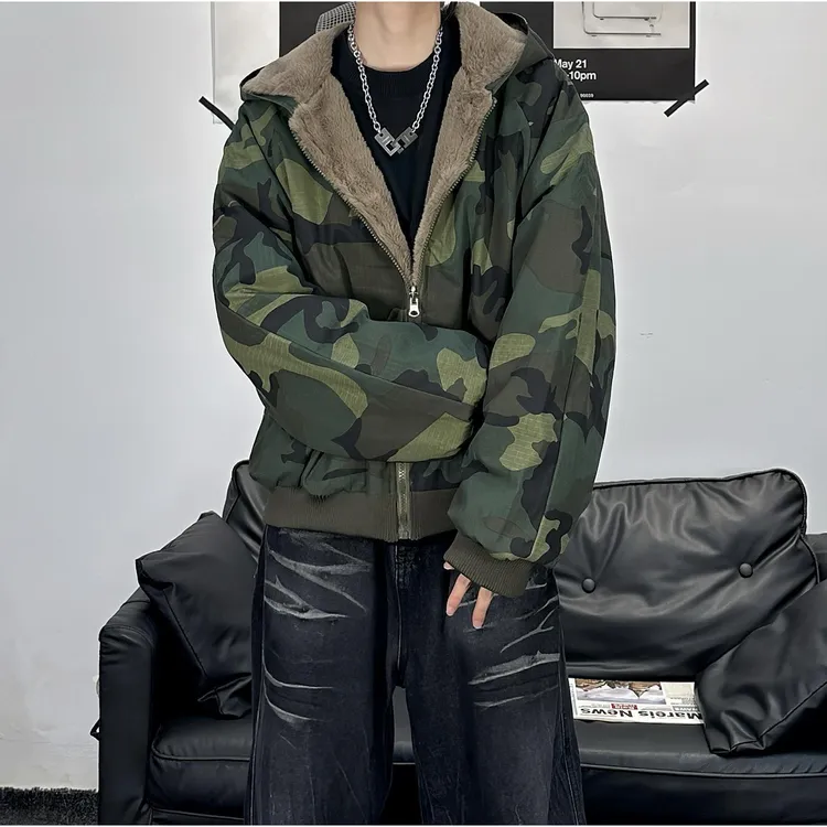 冬装加绒复古双面穿迷彩棉服潮牌加厚保暖连帽设计感男女同款棉衣