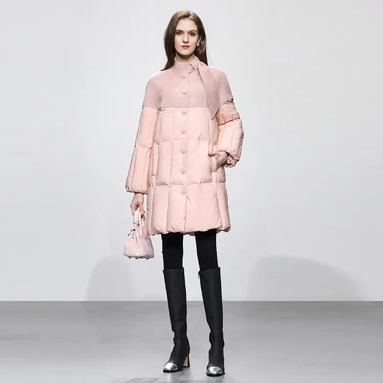 DF-冬新气质优雅立领自带领巾连肩袖面料拼接灯笼袖羽绒服DC32722