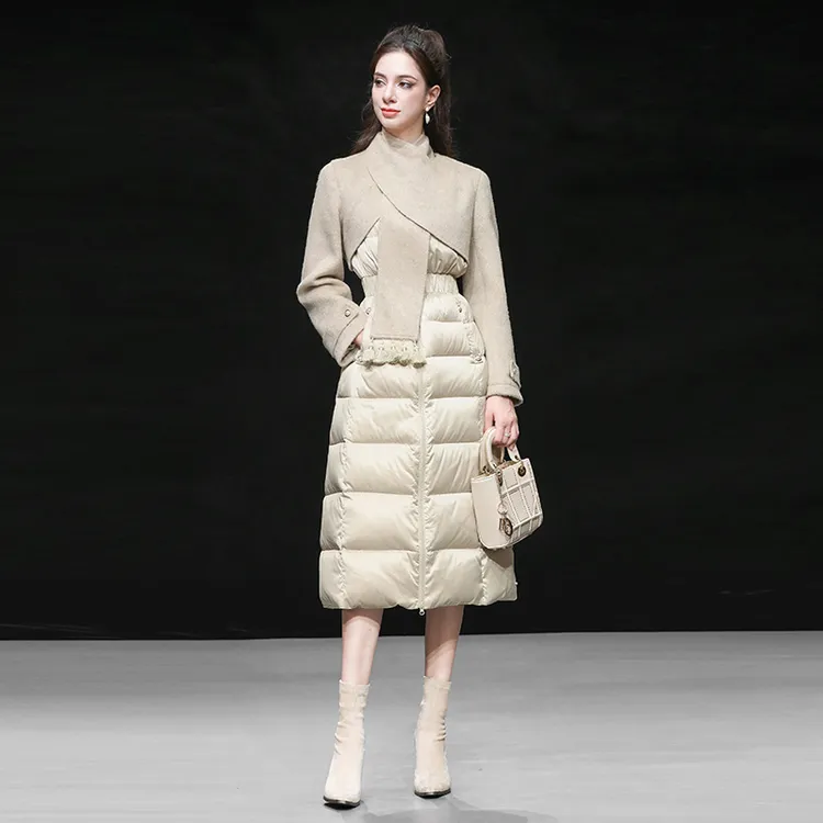 DF-冬季新款气质不规则拼接围脖收腰过膝羽绒服90白鸭绒Q-DC34563