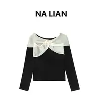 【现货秒发】豆子严选-大圆领上衣蝴蝶结长袖修身短款T恤  DZ95397