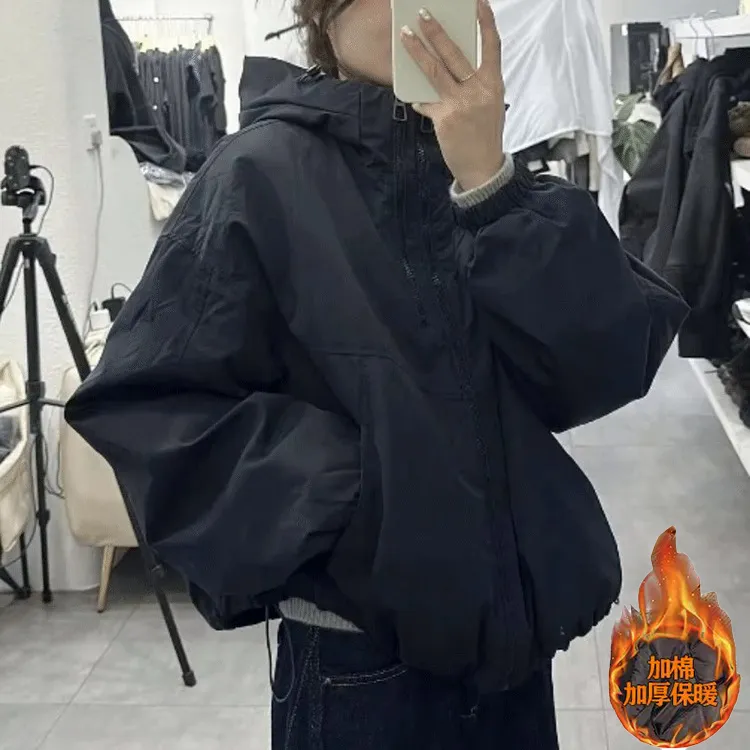 小个子短款双拉链连帽加棉冲锋衣外套女秋冬季新款休闲防风上衣潮