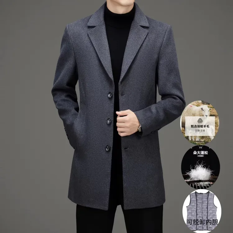毛呢大衣男士中长款可脱卸羽绒内胆加厚毛呢子风衣中青年休闲外套