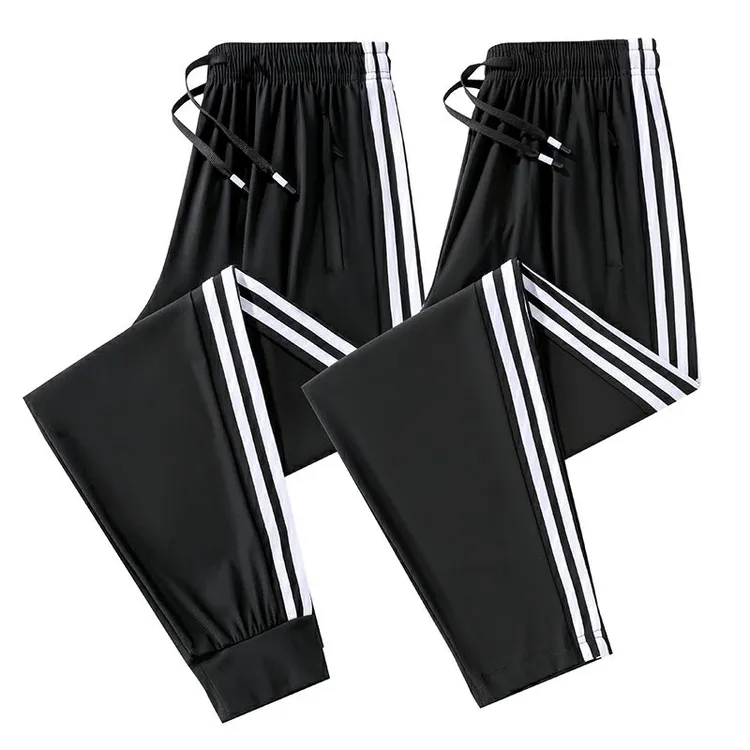 夏季冰丝薄凉休闲弹力透气三条杠两条杠长裤男女同款