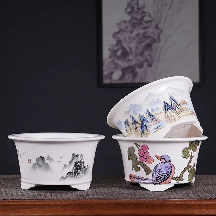 紫砂花盆大号圆形盆景盆彩绘水墨山水绿植盆栽景观盆新款中国风