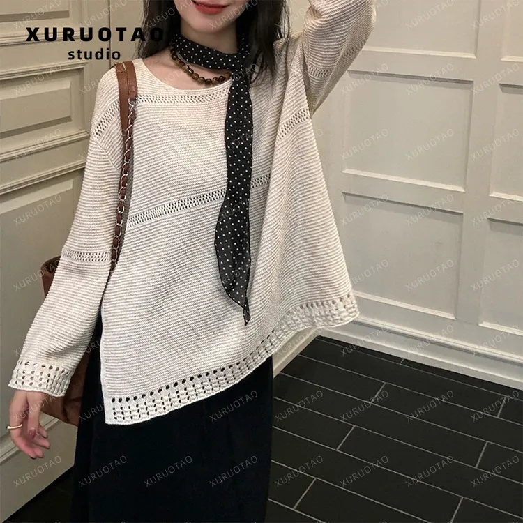 XURUOTAO 【温与柔】杏色亚麻莱赛尔气质镂空显瘦针织衫 T6081