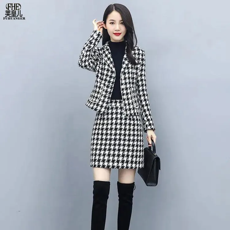 芙皇儿时尚套装半身裙修身新款气质显廋千鸟格包臀一步裙两件套