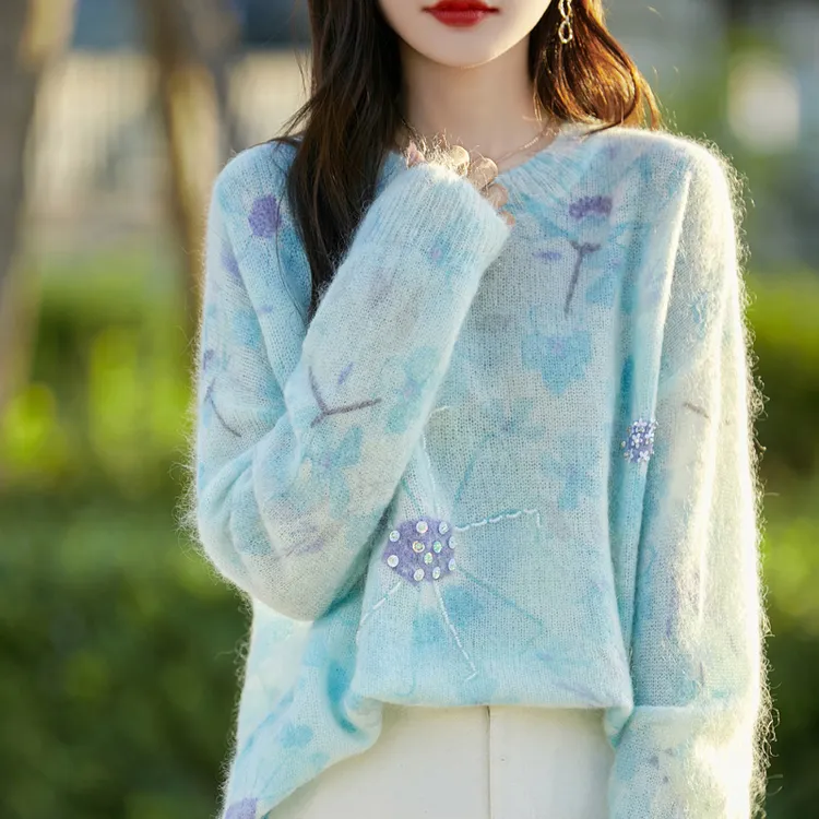 100羊毛衫女装上衣网红洋气时尚针织圆领秋冬宽松百搭圆领珠片女