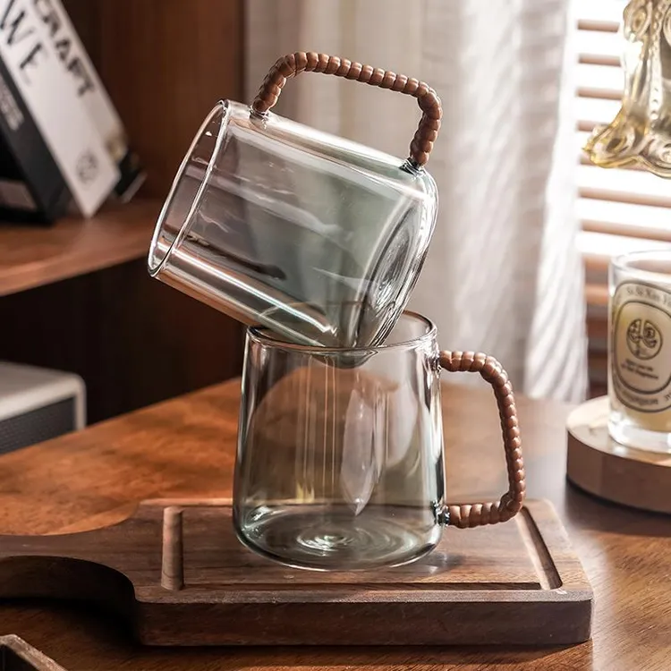 藤编玻璃杯带把手大容量家用耐高温咖啡杯轻奢高级感女杯子办公室