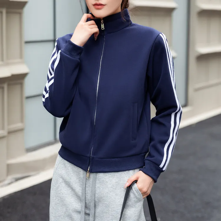 正肩卫衣外套女春秋款立领美式复古三条杠加绒加厚运动拉链外套