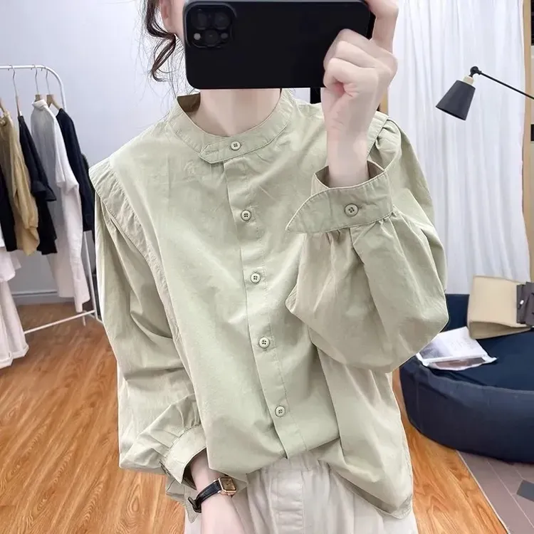 立领纯棉灯笼袖长袖衬衫女春秋新款韩系宽松上衣复古打底衫衬衣