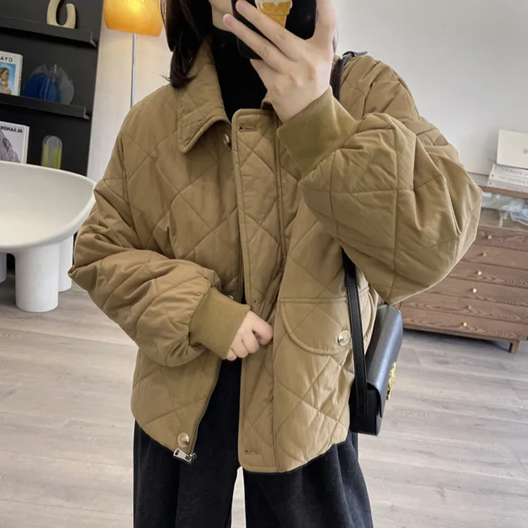 翻领菱格压花设计感单排扣休闲短款棉衣外套女2024冬夹棉加厚棉袄