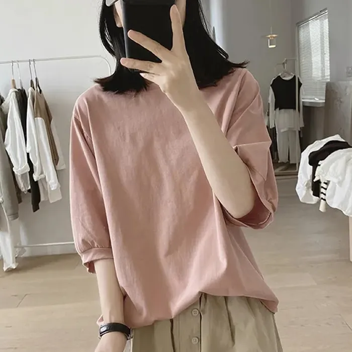 纯棉灯笼袖五分袖T恤女夏季新款宽松设计感显瘦圆领简约基础款