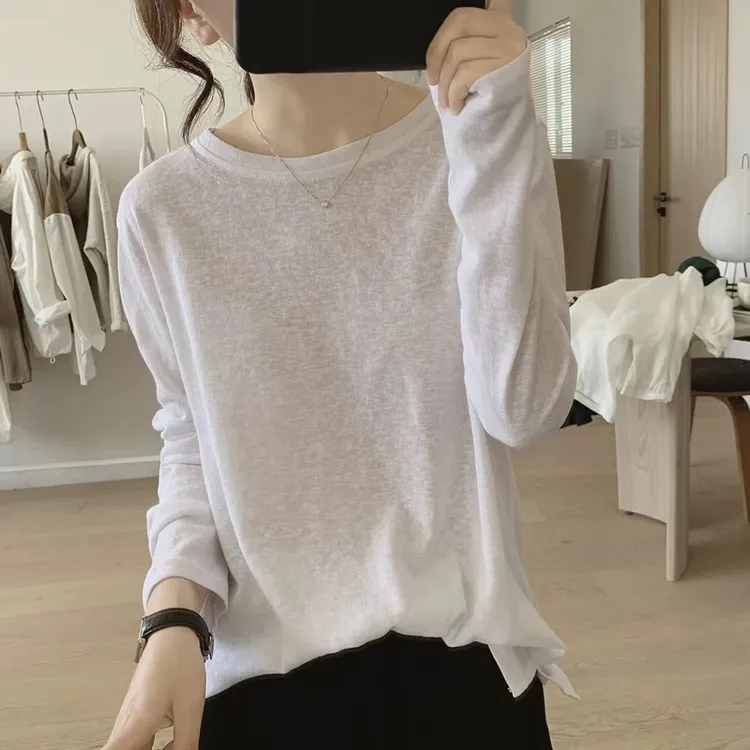 雪花亚麻长袖T恤女开叉打底衫秋季新款圆领宽松显瘦简约韩版上衣