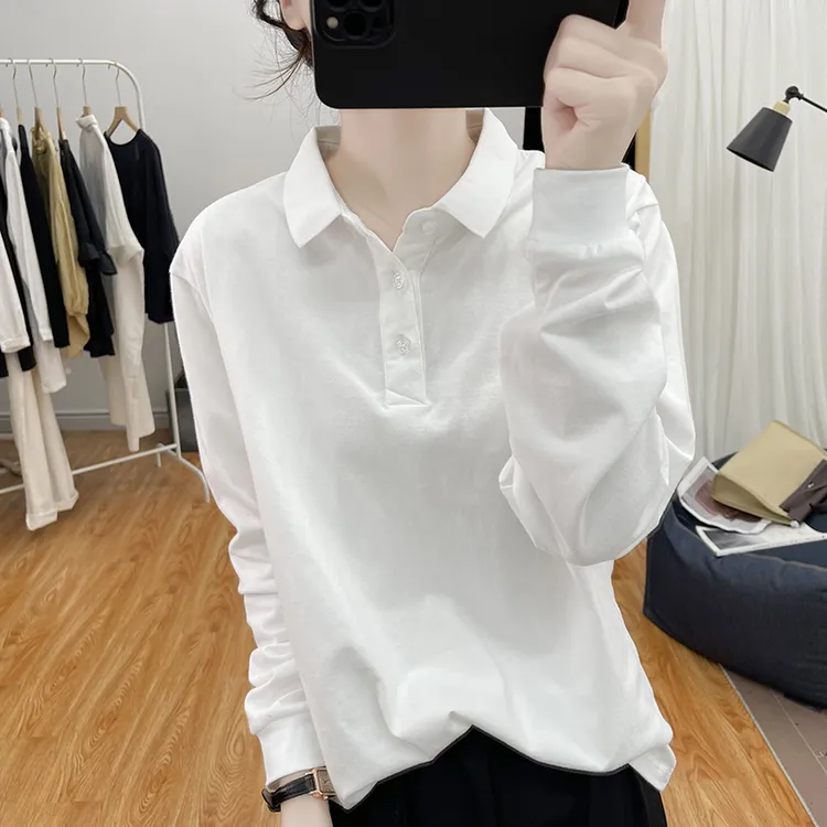 春秋精品纯棉宽松翻领长袖T恤女2025韩系显瘦上衣复古打底polo衫