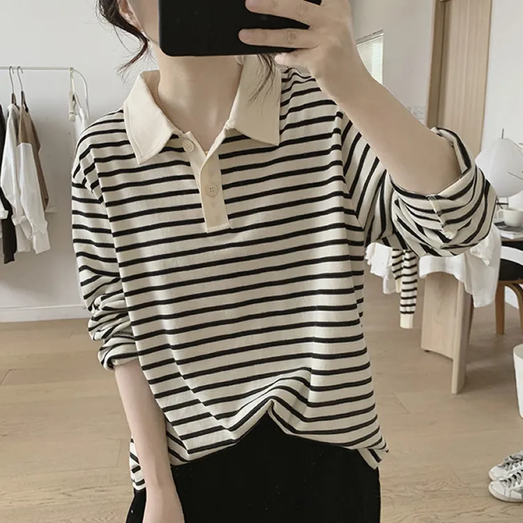 纯棉春秋季新款长袖条纹T恤女宽松显瘦减龄韩版娃娃领卫衣polo领