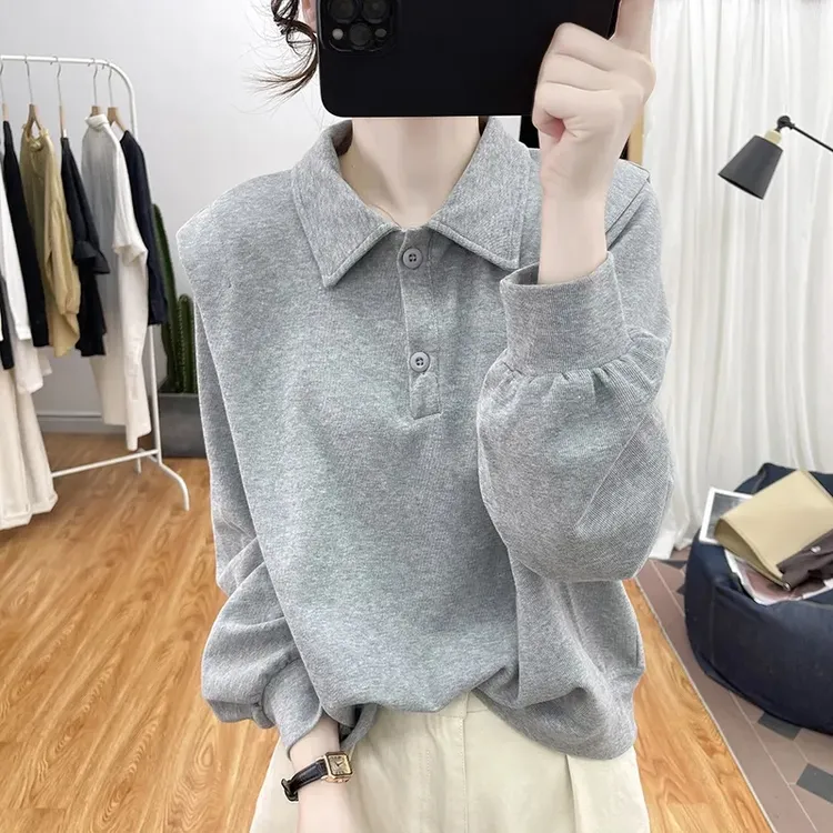 春装翻领宽松棉质卫衣女2025韩系减龄上衣复古纯色polo领套头外套