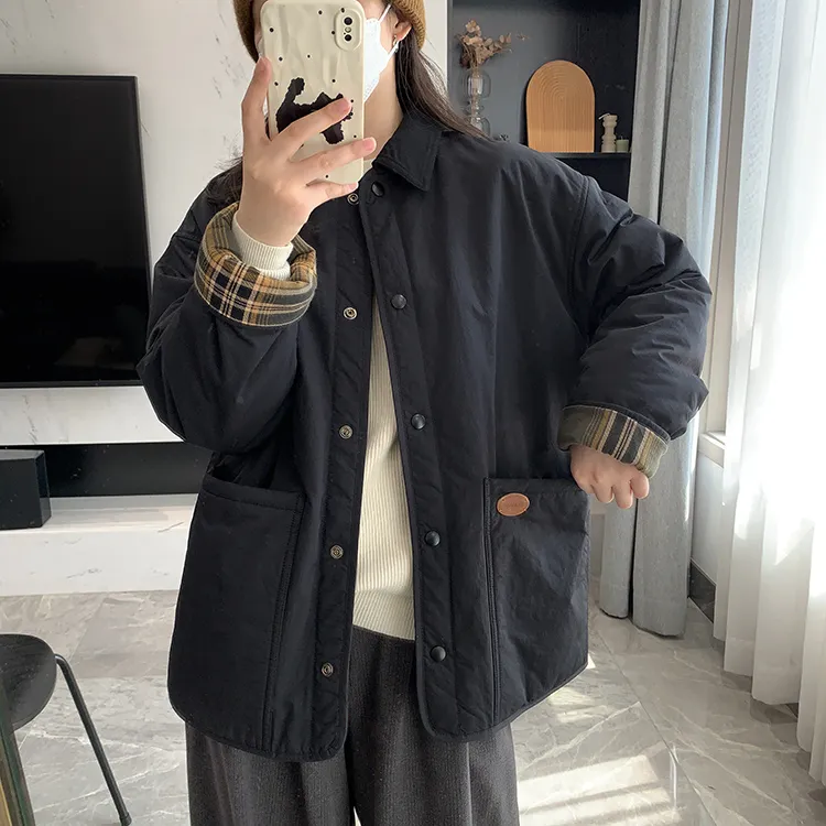 翻领加厚夹棉格子棉衣外套女冬季新款宽松中长款韩版棉服保暖百搭