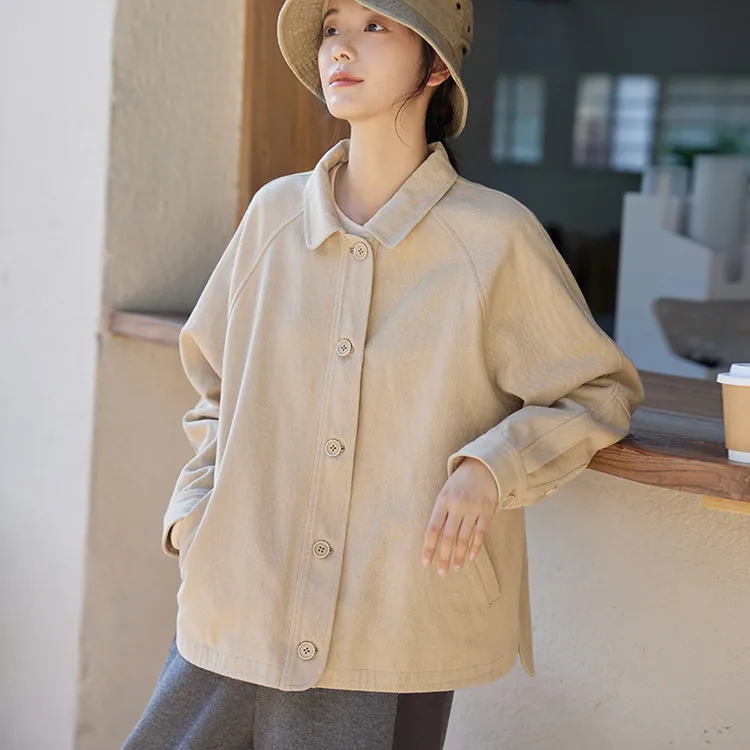 纯棉斜纹磨毛外套女春秋新款高品质宽松百搭柔软设计感拼接上衣女