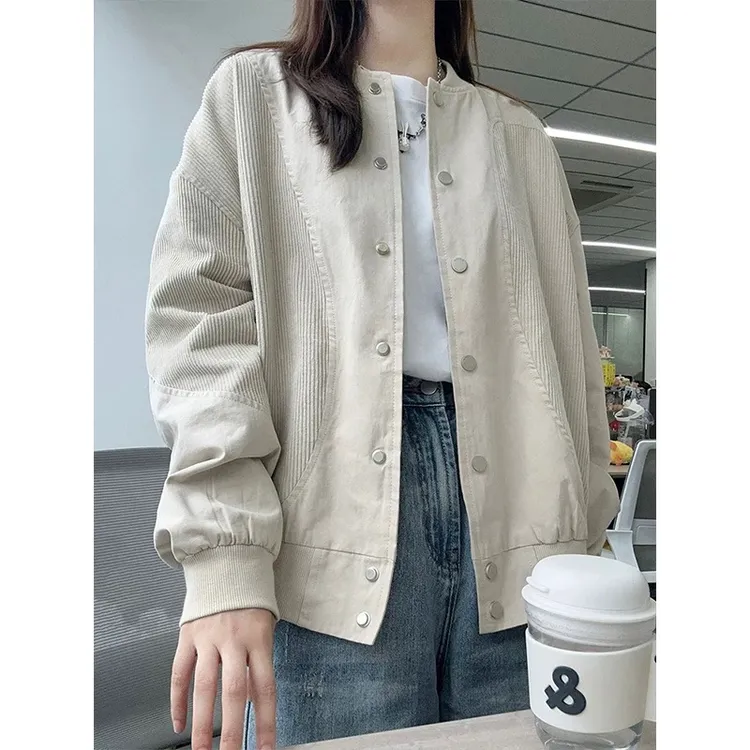 灯芯绒拼接外套女百搭复古春秋棒球服宽松新款设计感宽松休闲上衣