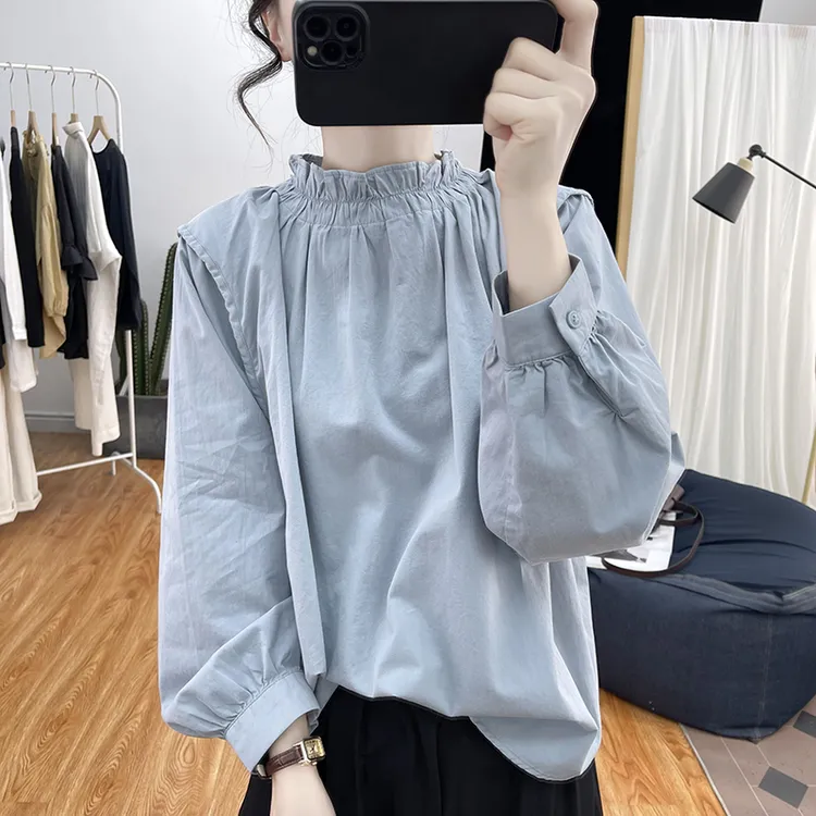 纯棉荷叶领灯笼袖长袖衬衫女式减龄上衣韩版秋季新款复古宽松衬衣