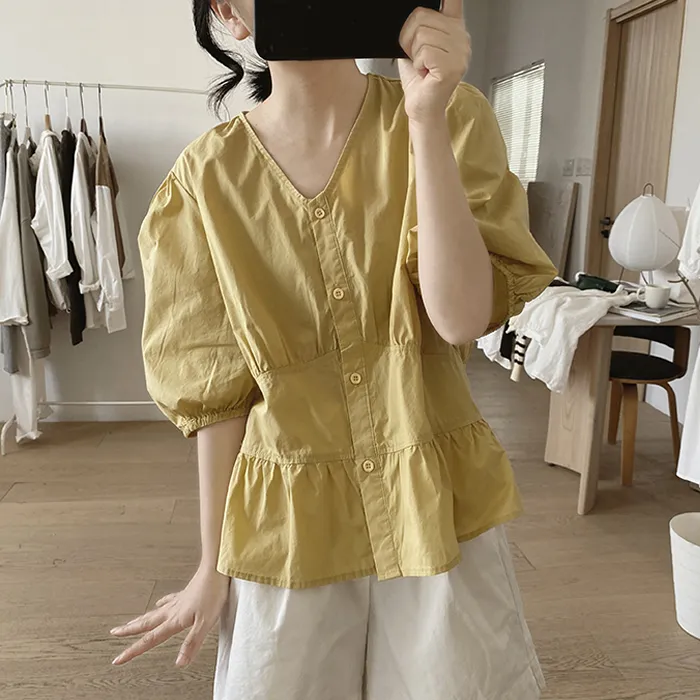 纯棉泡泡袖衬衫女夏新款宽松显瘦v领韩版褶皱小众设计感短袖上衣