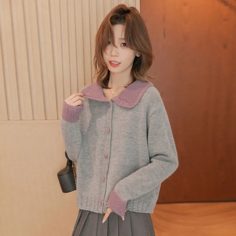 撞色拼接翻领针织衫女春装2025新款毛衣女小众设计感温柔开衫外套
