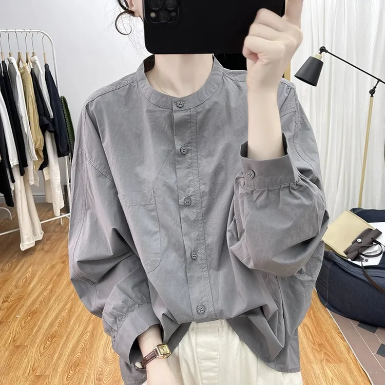 春秋装新款衬衣设计感蝙蝠袖纯棉小立领长袖衬衫女宽松上衣打底