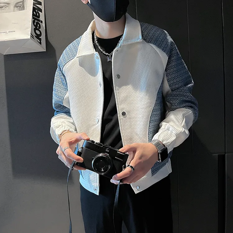 潮牌痞帅撞色外套男春秋季休闲翻领拼接夹克2024新款男士秋装上衣