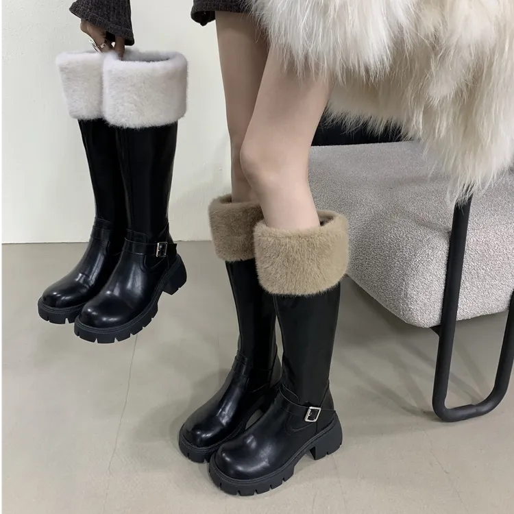 厚底长筒靴女鞋2024年新款秋冬季加绒毛毛冬鞋奶白色长靴不过膝女