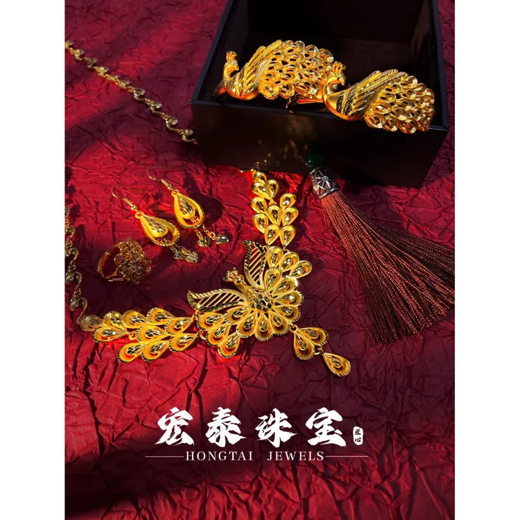 铜合金婚庆饰品 宏泰珠宝新款车花凤凰项链镀金结婚新娘镀金饰品