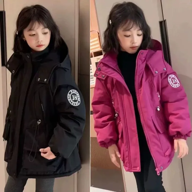 女童加绒棉服冬装2025新款洋气儿童设计感夹棉加厚仿中兔毛冲锋衣